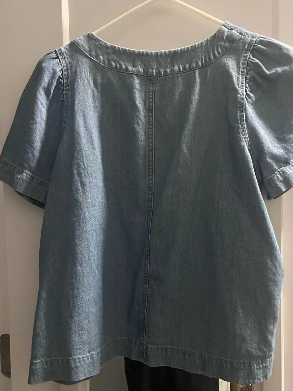 Madewell Slate Blue Denim Short Puff-Sleeve Peasant Top